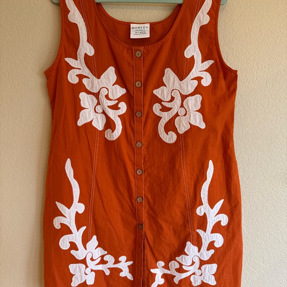 Bohera Orange Sleeveless Dress with White Floral Embroidery